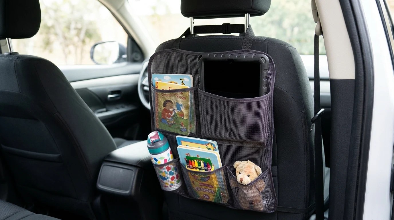 Mesh shower caddy organizer hanging on the back of a car seat with books and a water bottle