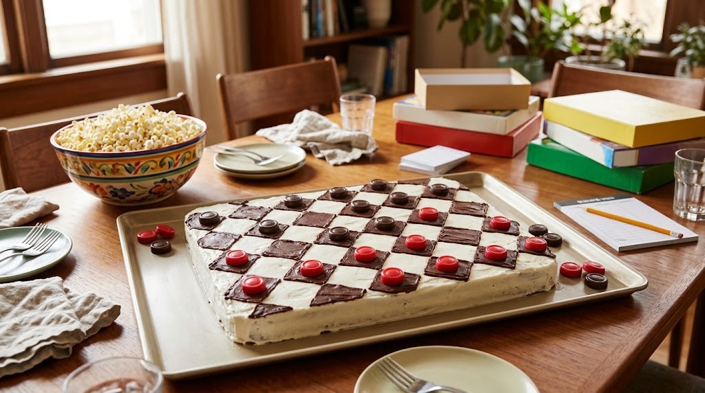 Hyperrealistic cakes for game night: checkerboard sheet cake with candy game pieces