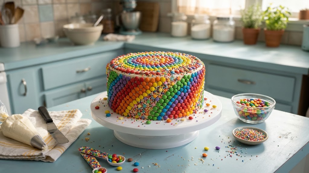 Round cake covered in rainbow candy spirals on a turntable cake stand