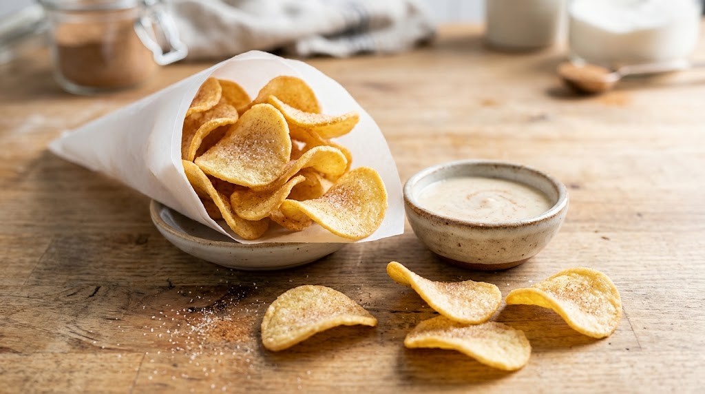 Thin curved cookies in a paper cone that look like potato chips
