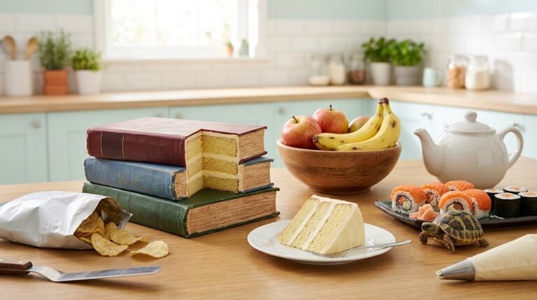 Hyperrealistic cakes on a kitchen table shaped like books, chips, sushi, fruit and a tortoise, with one slice cut open