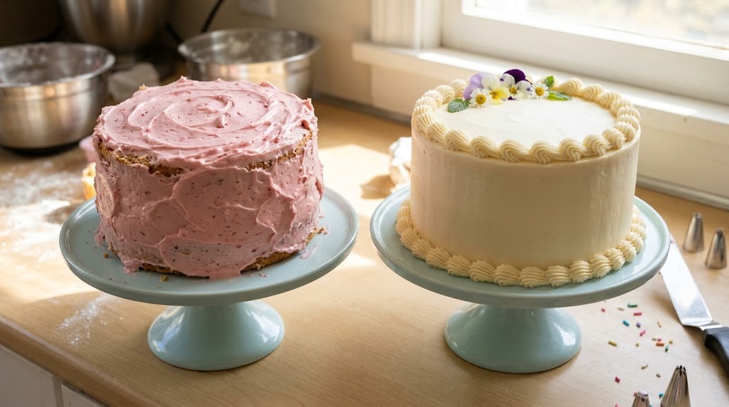 Beginner pink cake beside a smooth decorated cake on matching stands