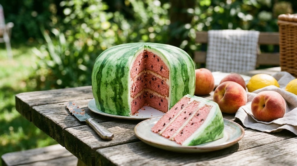 Watermelon look cake with green stripes and a pink slice with chocolate chip seeds