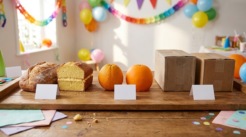 Real or cake party game tray with bread, oranges and boxes beside cake copies