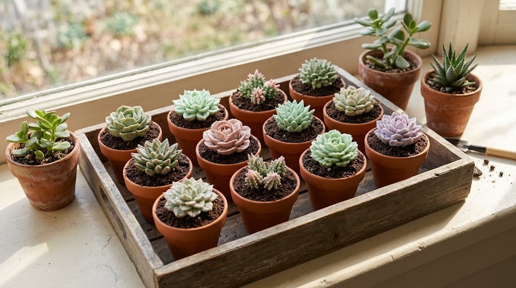 Cupcakes in clay pots piped to look like succulent plants