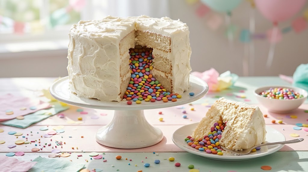 Hyperrealistic cakes idea: white frosted cake sliced open with candy pouring from a hidden center