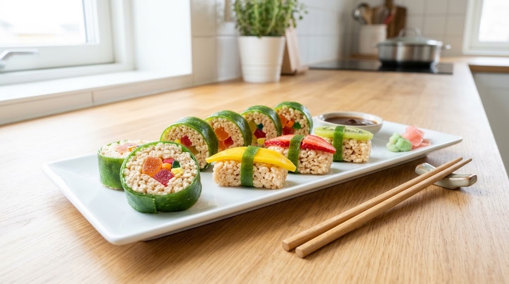 Hyperrealistic cakes style candy sushi rolls made from rice cereal treats and fruit leather