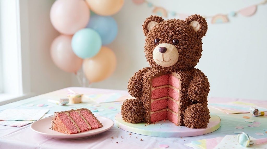 Teddy bear shaped cake with chocolate fur and pink layers inside
