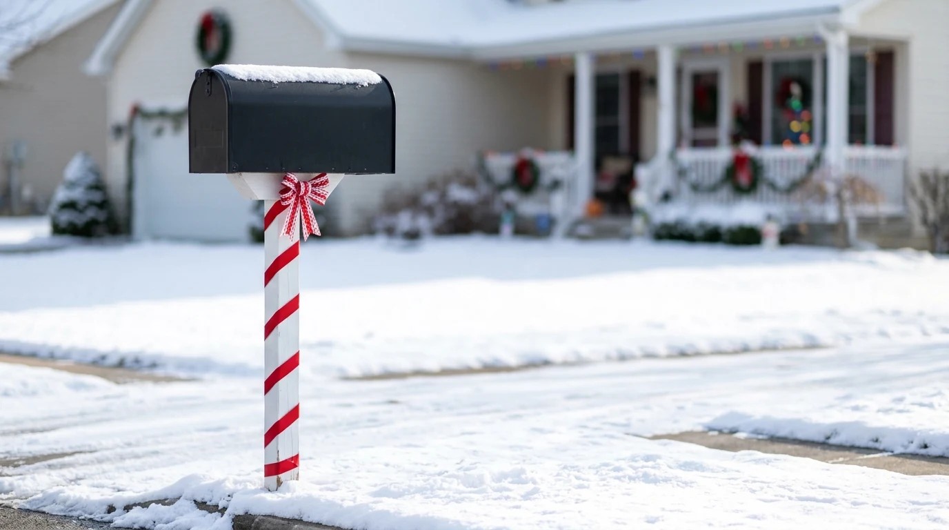 Christmas mailbox decor with a white post wrapped in red ribbon like a candy cane