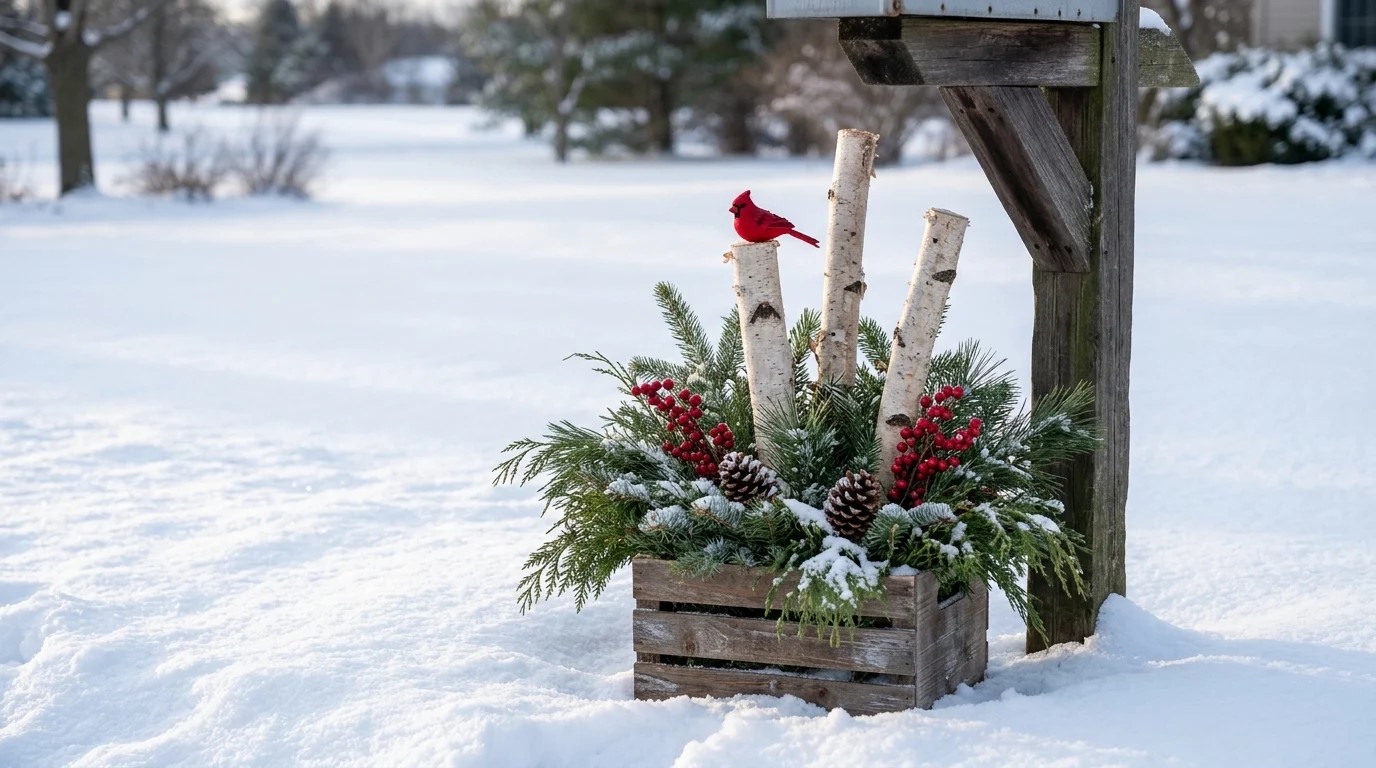 Crate planter with birch logs, greenery, berries and a red cardinal at a mailbox post