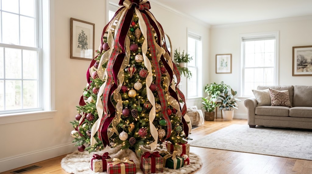 Velvet, plaid, gold mesh and satin ribbons cascading from the top of a tree