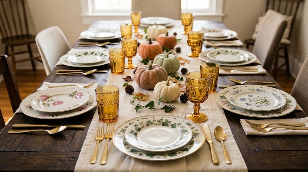 Martha Stewart Thanksgiving table with mismatched vintage floral china