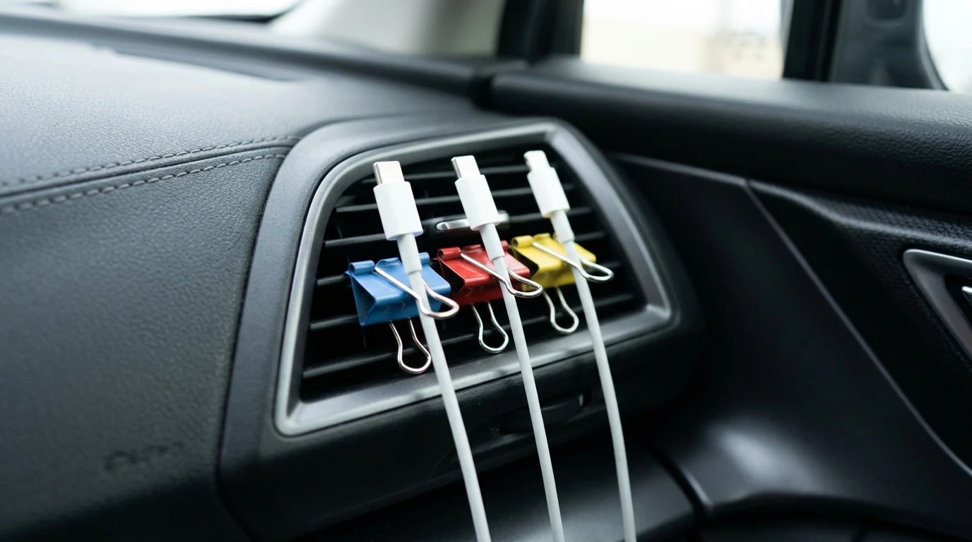 Binder clips on a car air vent holding charging cables
