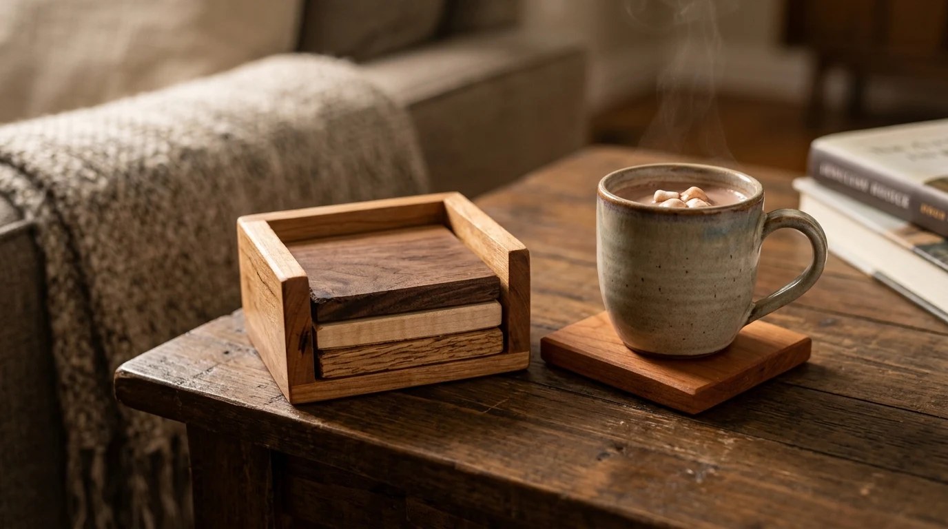 Easy scrap wood projects: four hardwood coasters in a small wooden holder