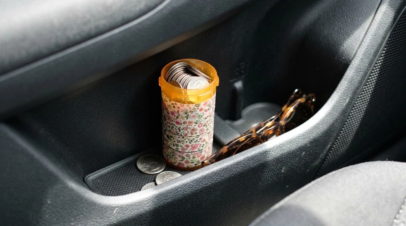 Pill bottle wrapped in floral washi tape holding quarters in a car door pocket