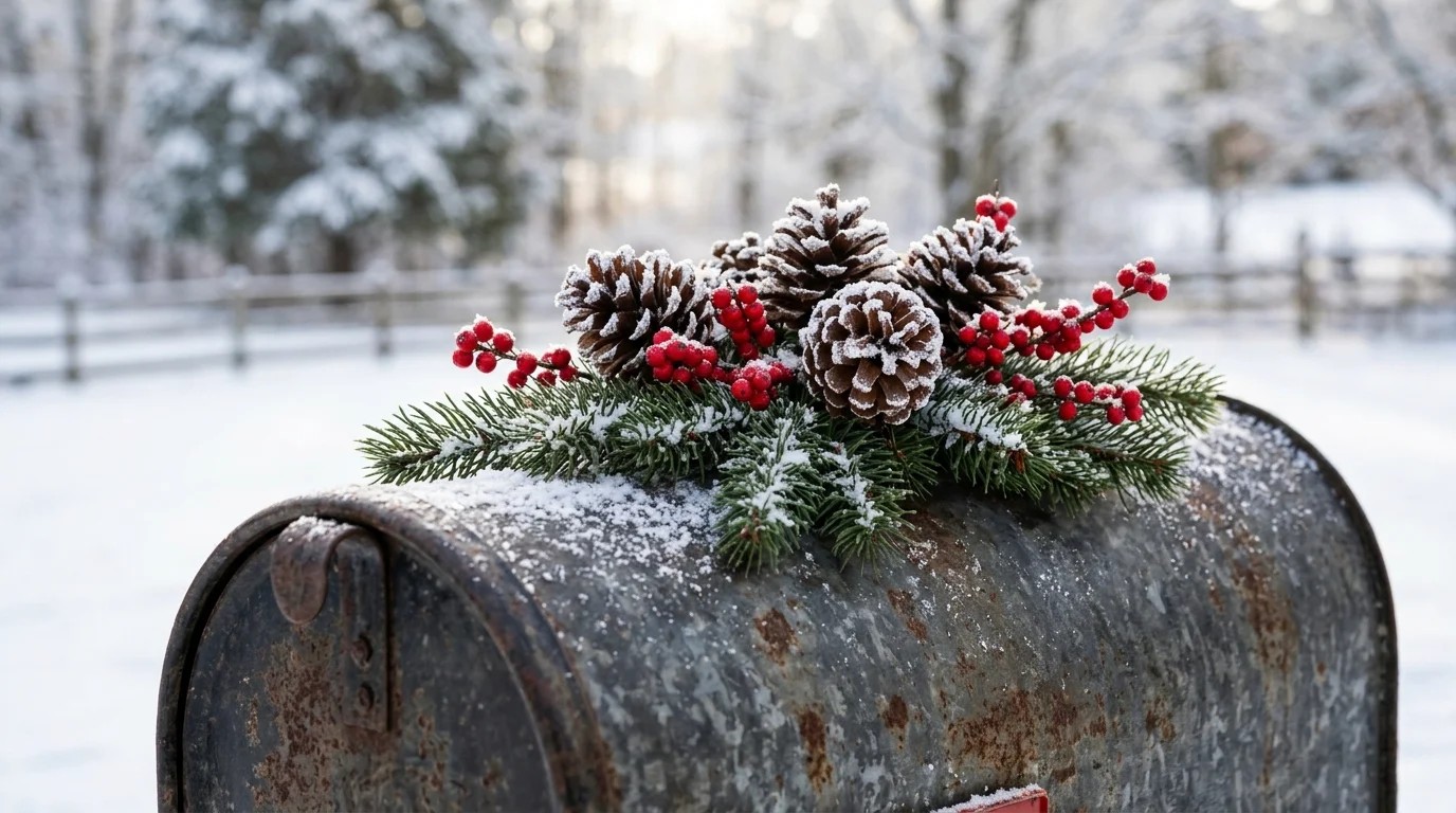 Frosted pine cones and red berries clustered on top of a rustic mailbox