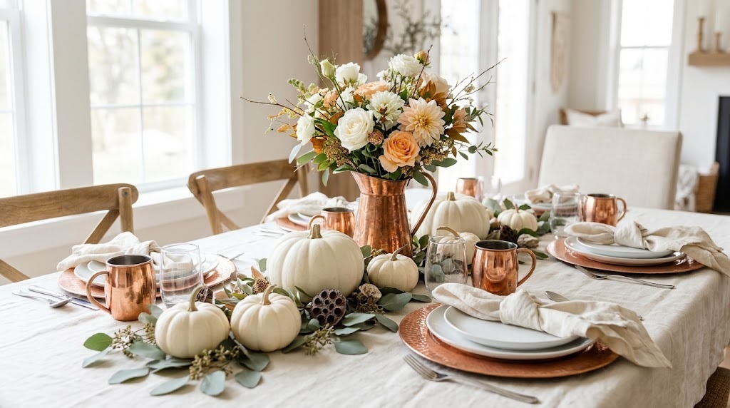 Martha Stewart Thanksgiving palette of copper and white with white pumpkins and copper mugs
