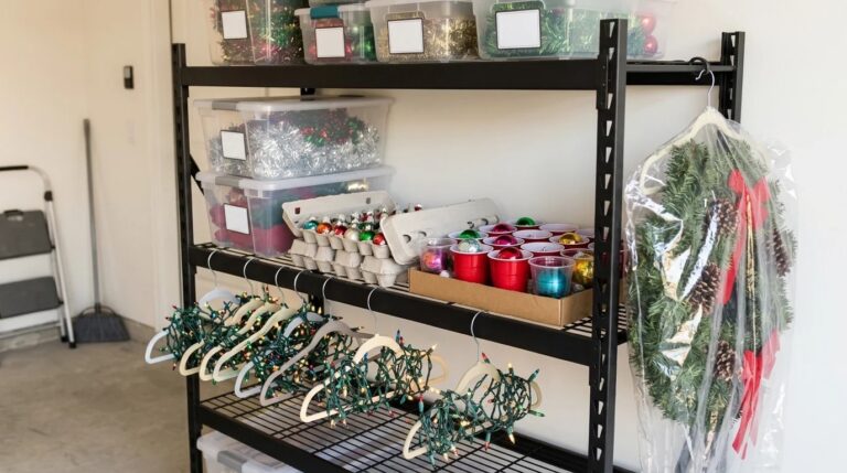 Christmas storage hacks on a tidy garage shelf with lights on hangers, labeled bins and wreaths in bags