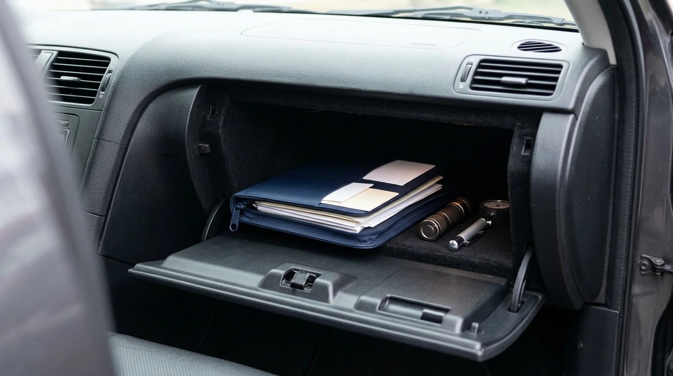 Car organization hacks for paperwork: a zip document folder in the glove box