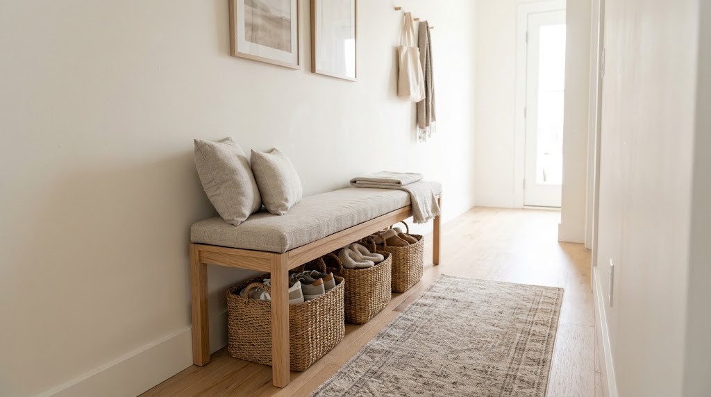 Slim hallway bench with woven baskets of shoes underneath