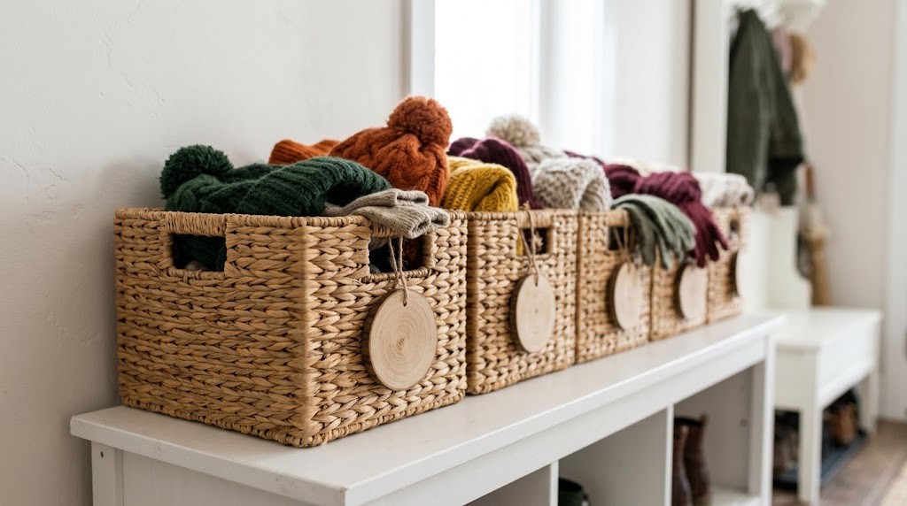 Woven bins with round wooden tags holding hats and gloves on a shelf
