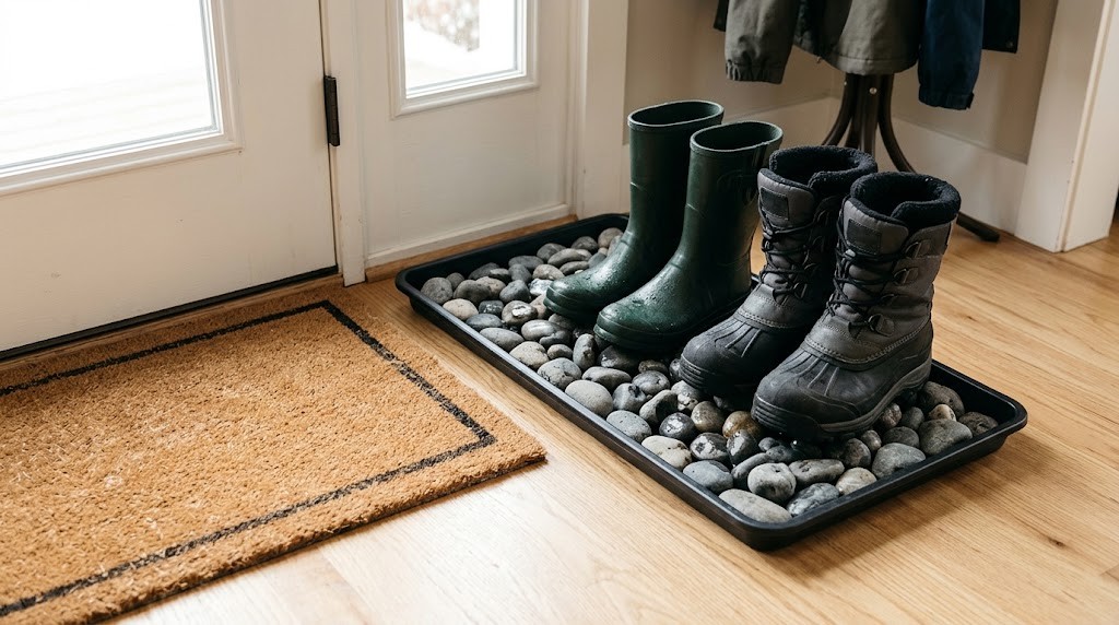 Drop zone ideas for winter: boot tray with river rocks and wet boots