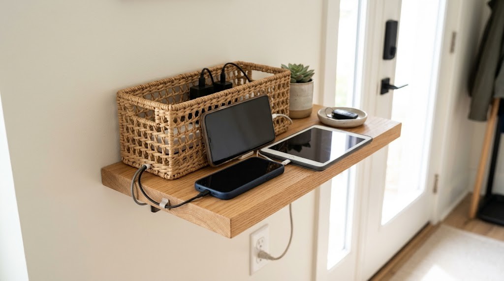 Small wall shelf with a basket hiding a power strip and phones charging