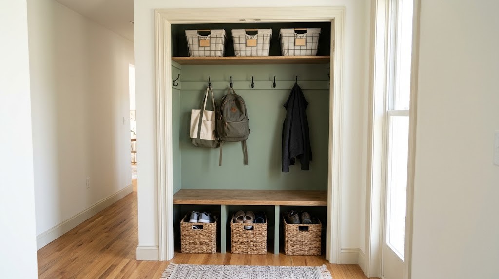 Coat closet with the door removed, painted green, with hooks, bench and baskets