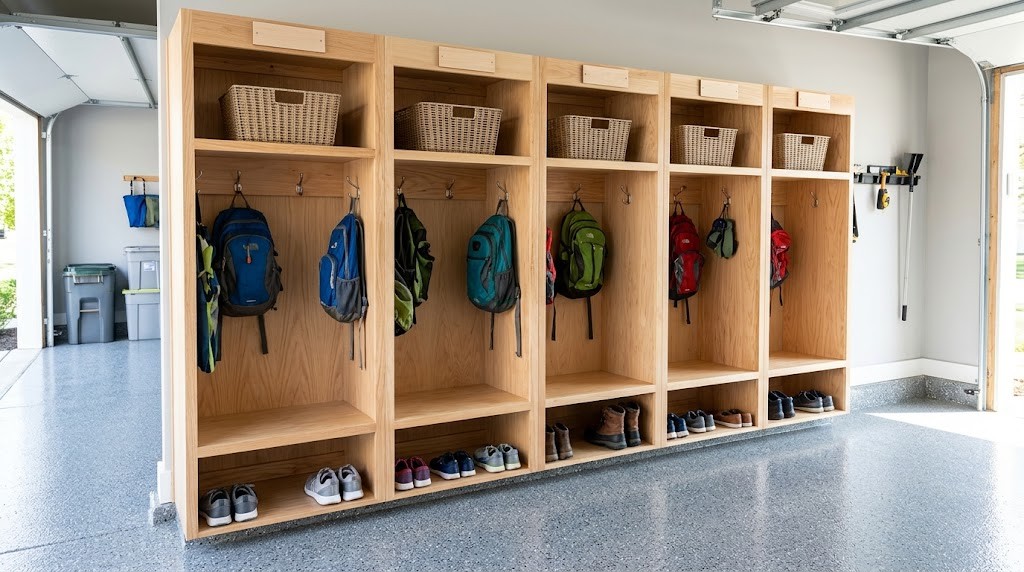 Drop zone ideas for the garage: wooden locker cubbies with backpacks, baskets and shoes