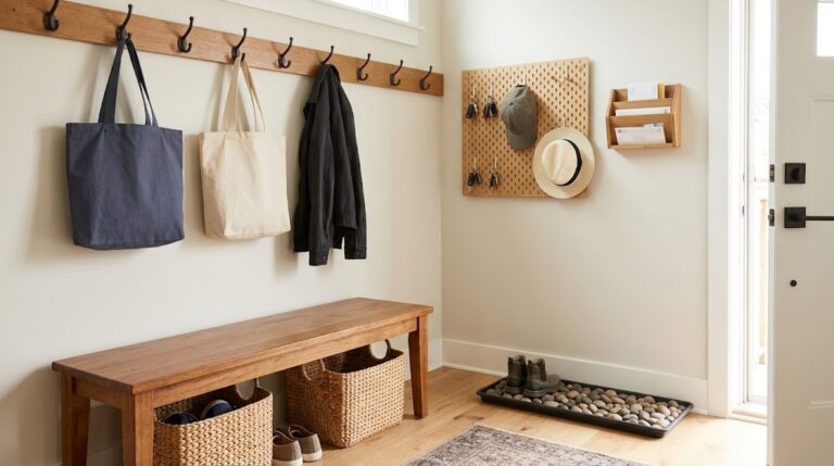 Drop zone ideas in a bright entry: bench with baskets, hook rail, pegboard, mail sorter and boot tray