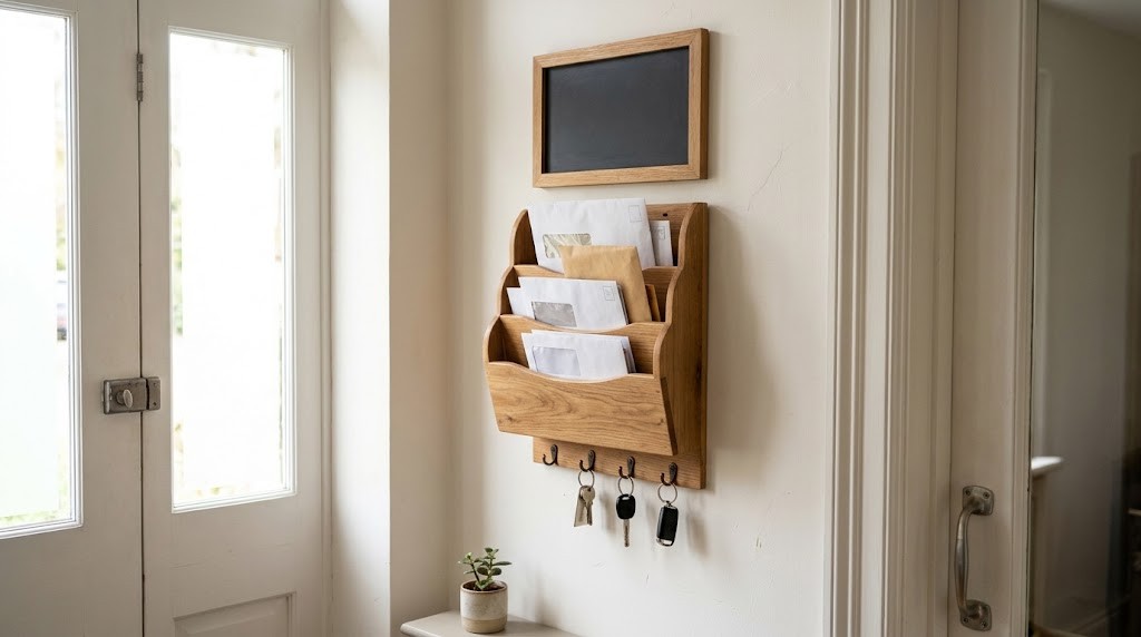 Wall mail sorter with key hooks and a small chalkboard by the door