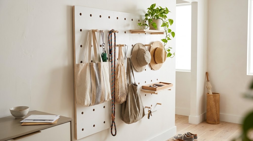 Drop zone ideas with a white pegboard holding bags, hats, a leash and keys