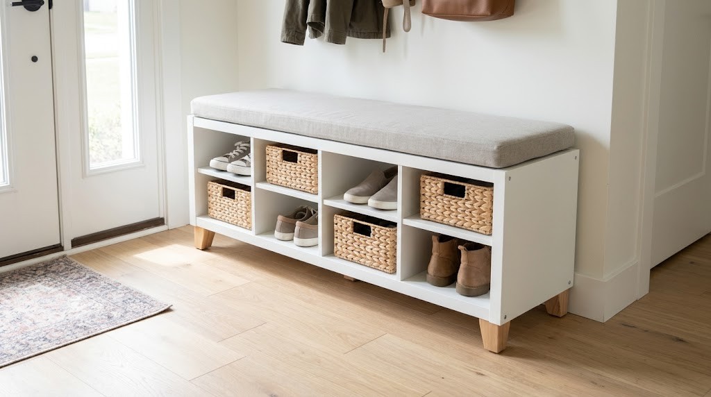 Bookcase laid on its side as a shoe bench with a cushion