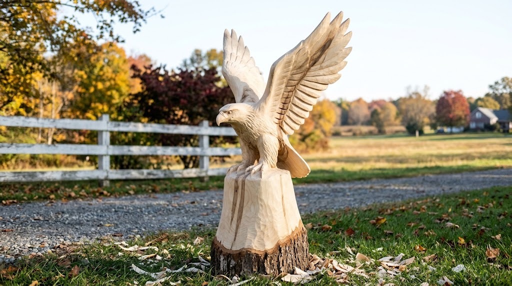 Pale sycamore stump carved into an eagle with half open wings at the end of a driveway
