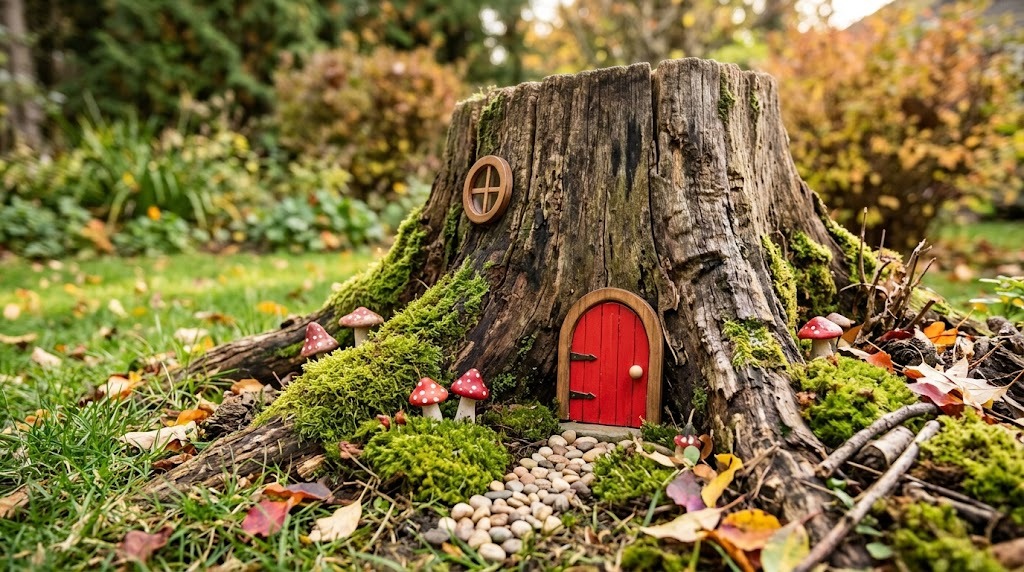 Old stump with a tiny red fairy door, moss, mushrooms and a pebble path