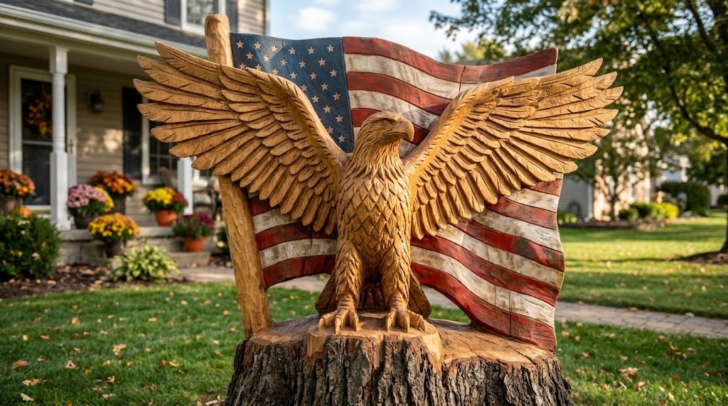Oak eagle carving with spread wings in front of a painted flag carving in a front yard