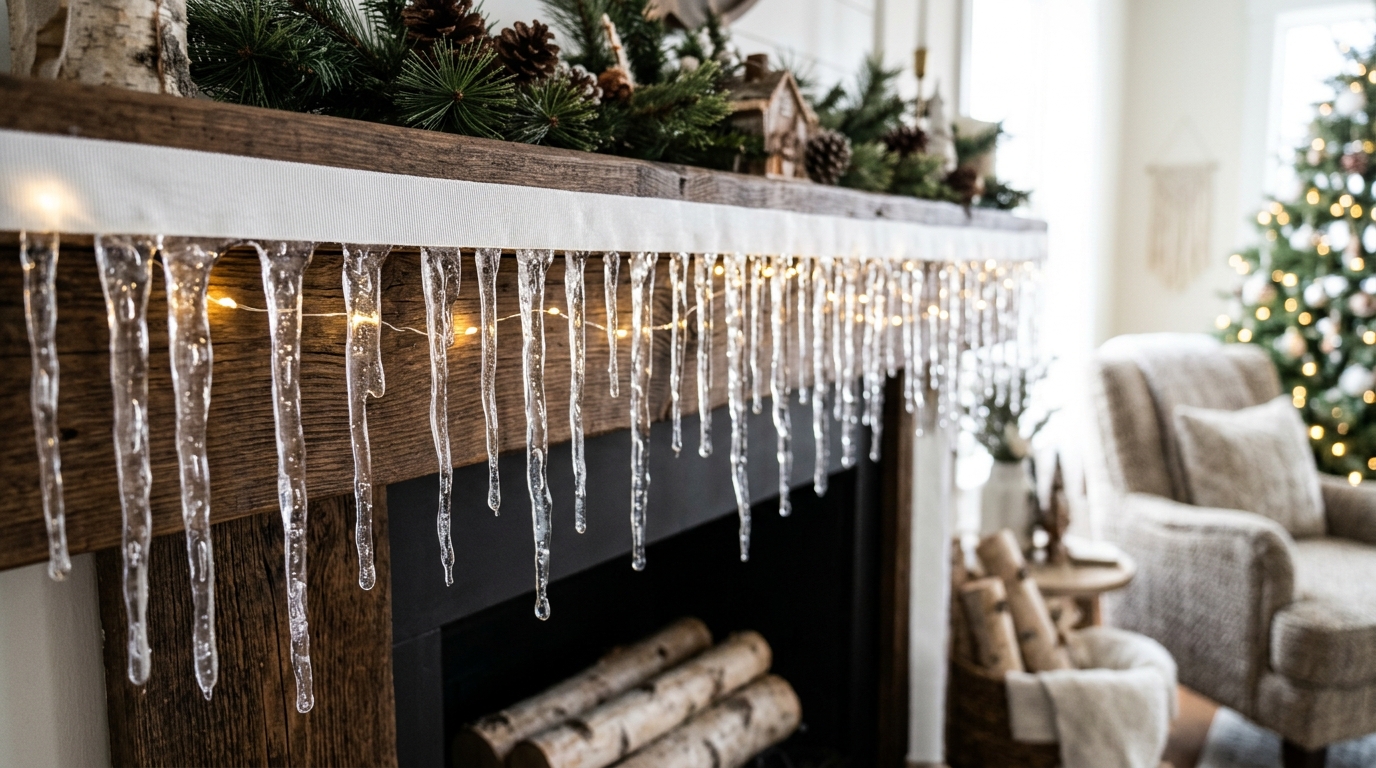 Clear glue icicles on a ribbon along a mantel with battery lights