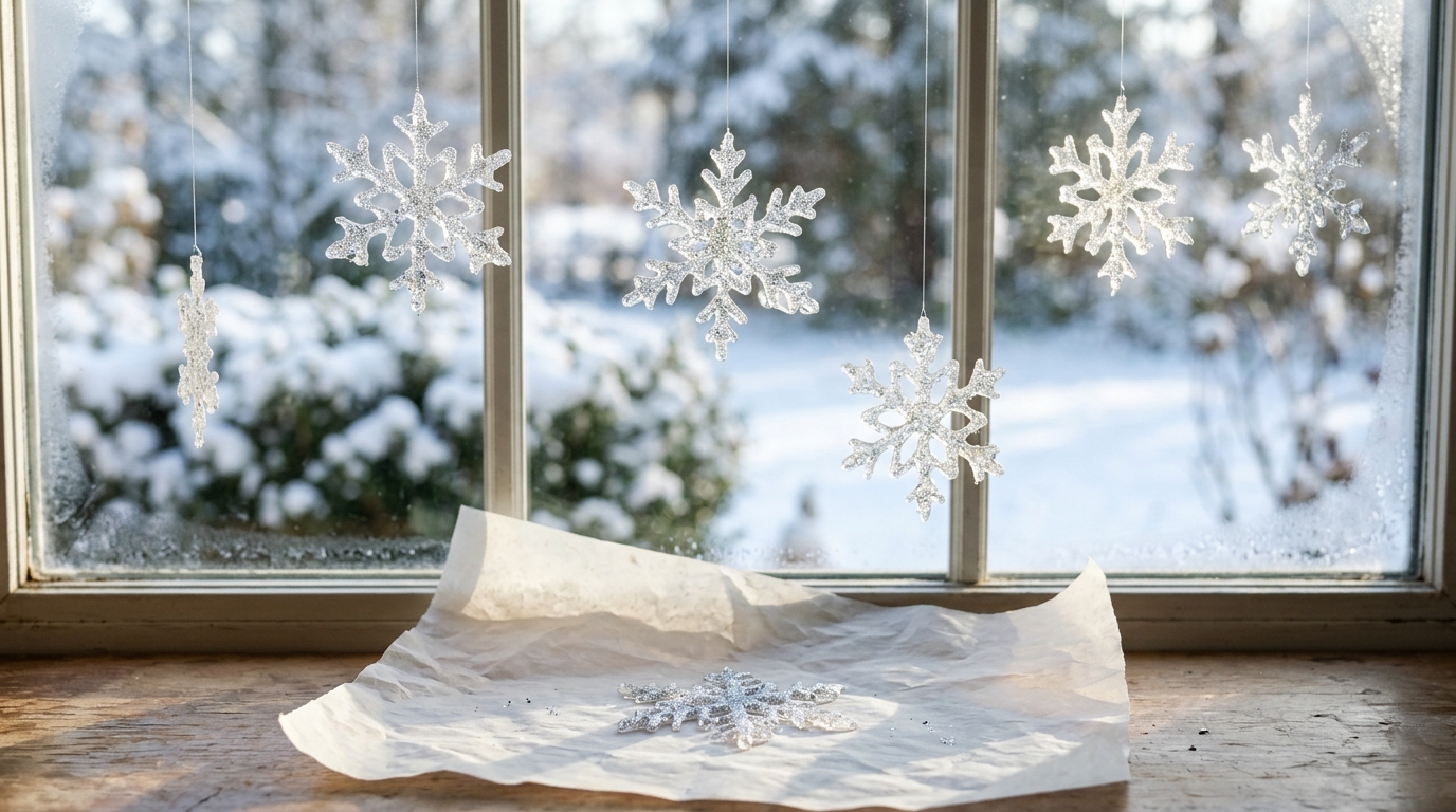 Clear glitter glue snowflakes hanging in a snowy window