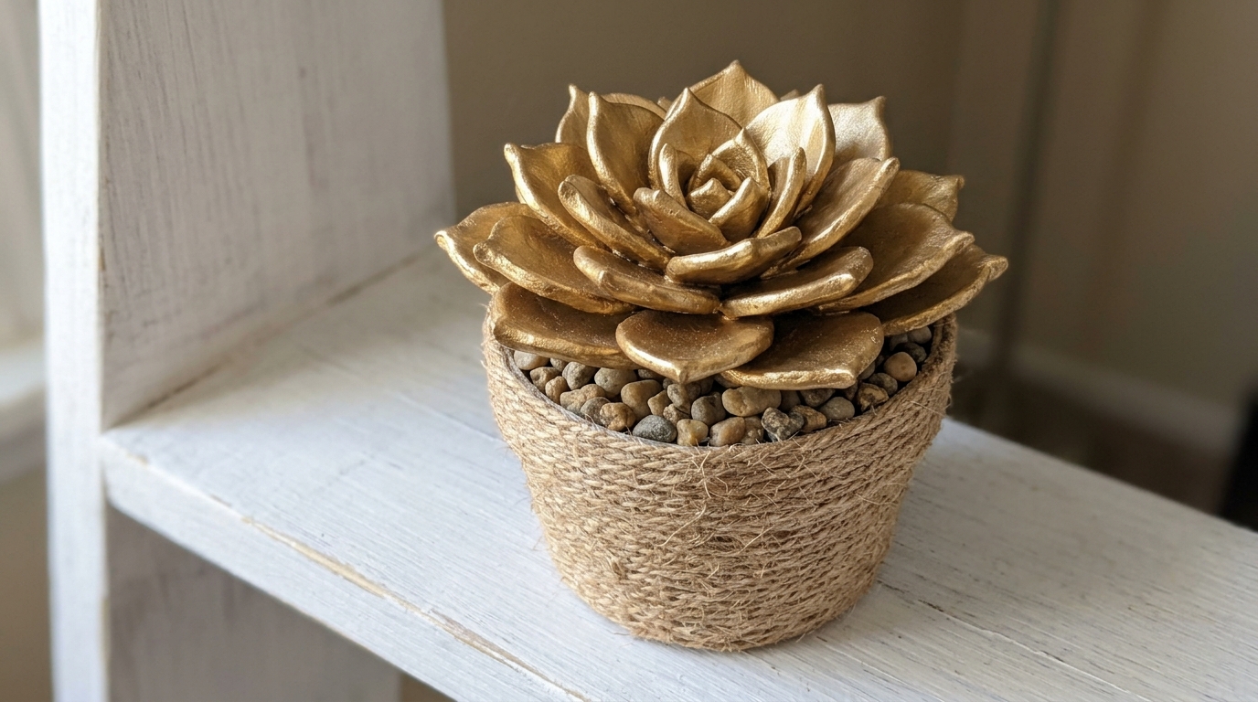 Hot glue crafts: gold painted glue succulent in a twine wrapped pot