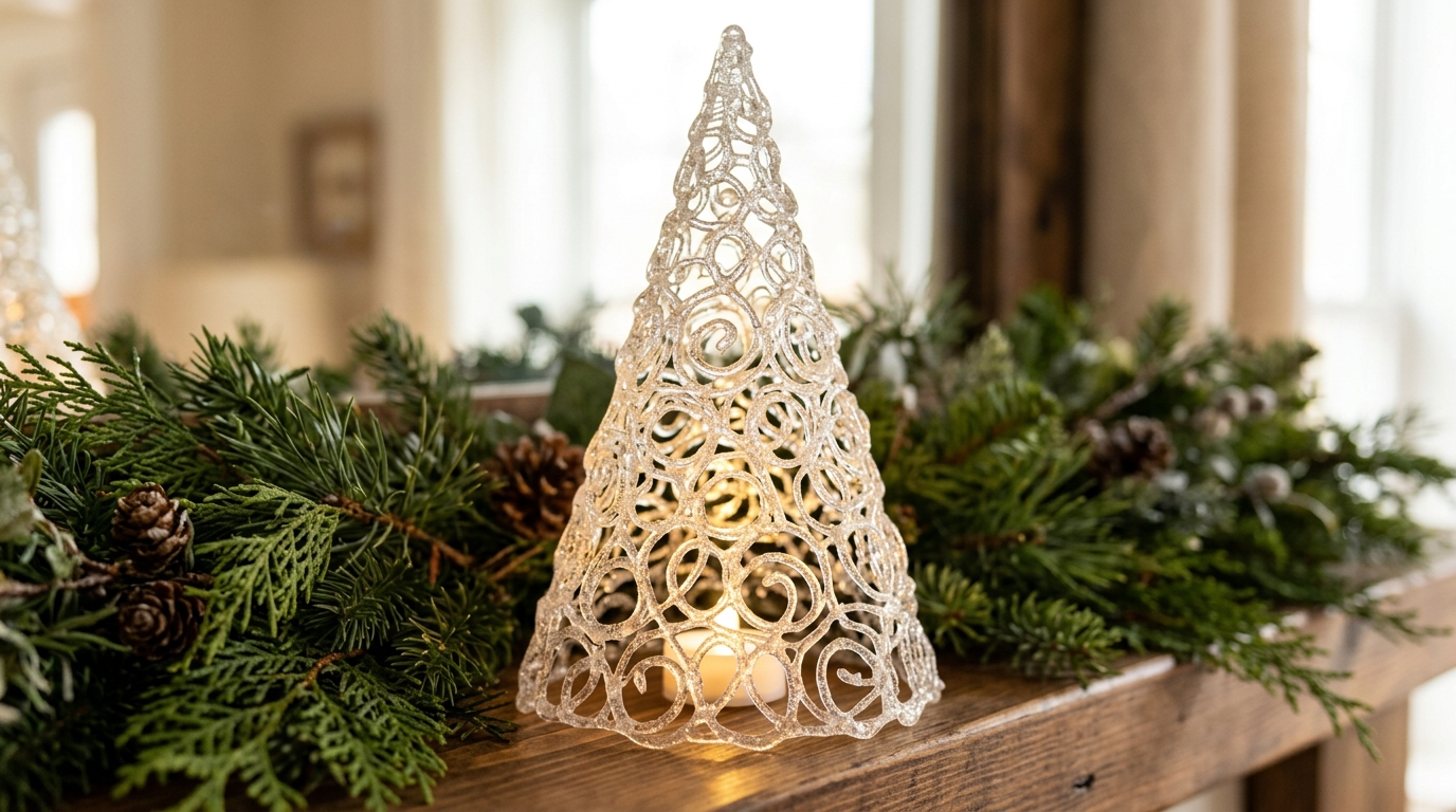Clear swirled glue Christmas tree glowing over a battery LED light on a mantel