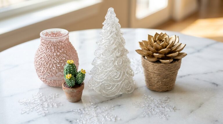 Hot glue crafts on a marble table: clear glue tree, gold succulent, snowflakes, lace vase and cactus