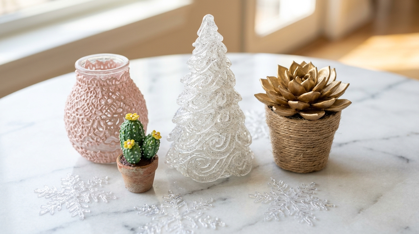 Hot glue crafts on a marble table: clear glue tree, gold succulent, snowflakes, lace vase and cactus