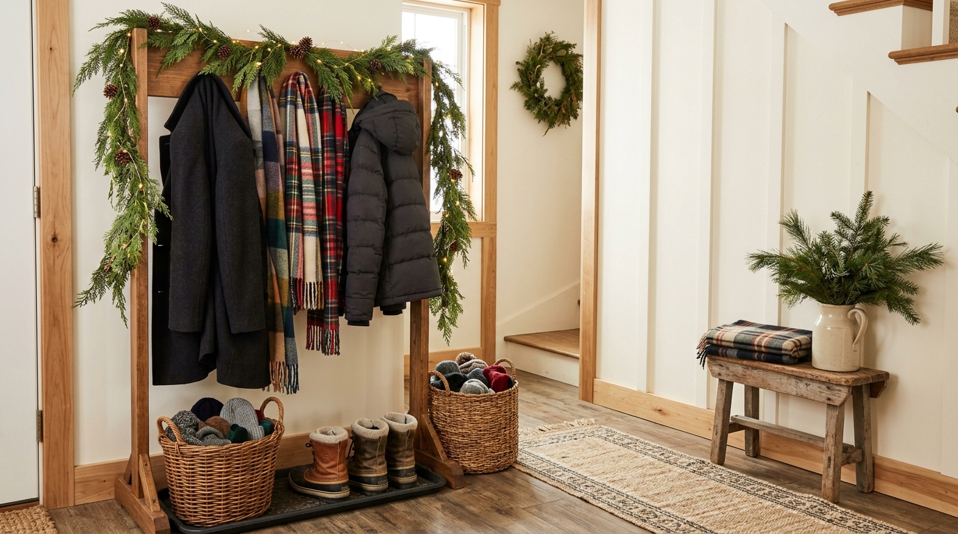 Holiday guest corner with a coat rack, hat basket, boot mat and greenery