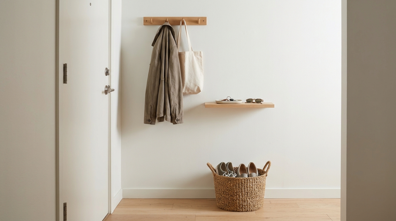 Small apartment entry with one hook rail, a slim shelf with a key tray and a shoe basket