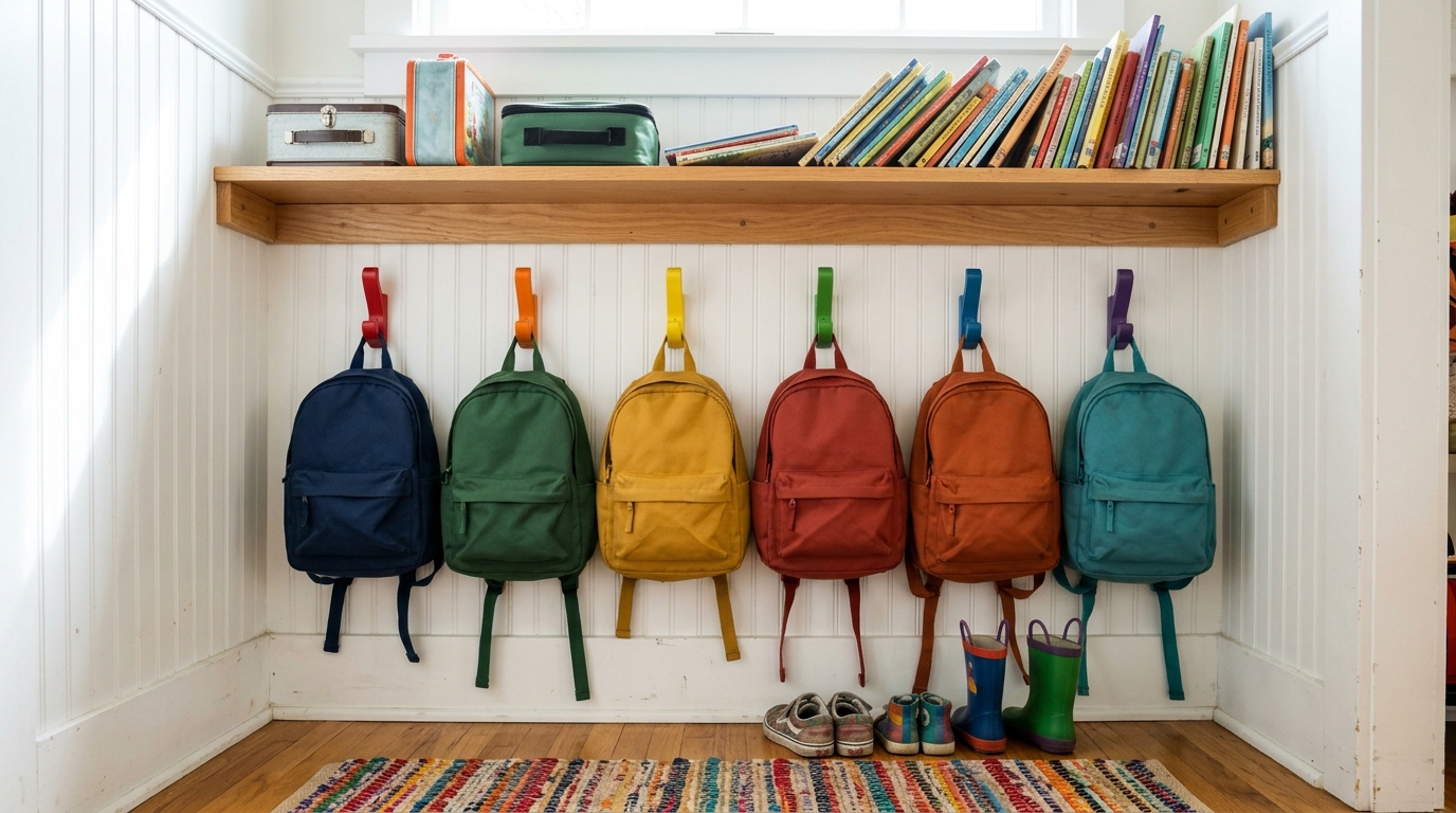 Drop zone ideas for kids: low hooks with colorful backpacks and a shelf