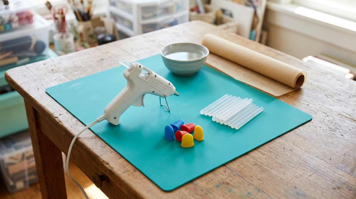 Hot glue crafts safety setup: low temp glue gun on a stand, silicone mat and finger guards
