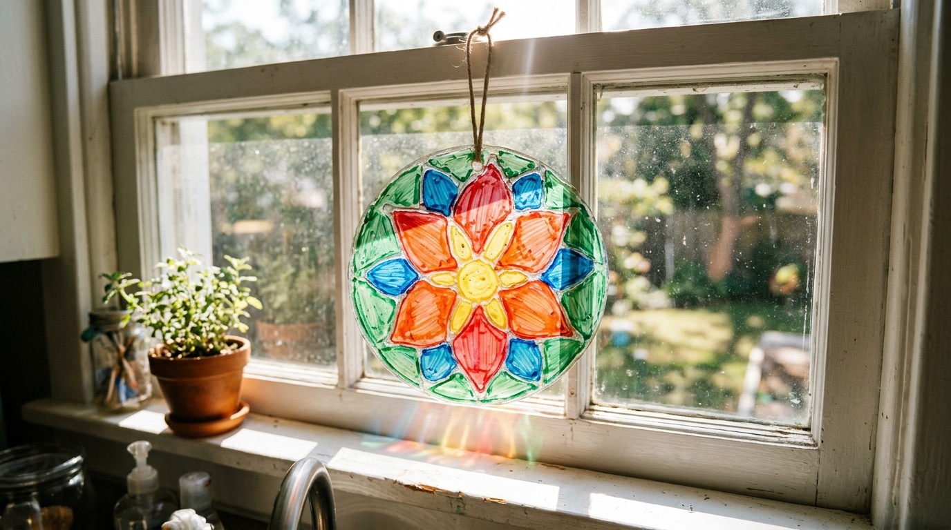 Hot glue crafts sun catcher colored with markers glowing in a window