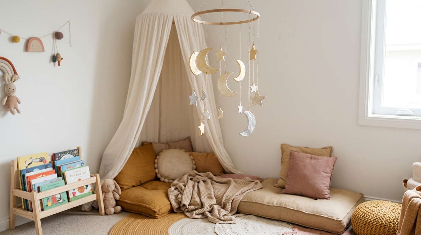 Moon and stars glue mobile above a cozy reading nook