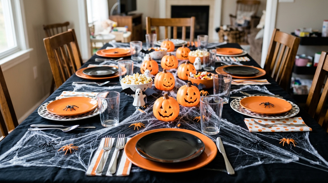 Halloween table with white glue spider webs, toy spiders and LED pumpkins