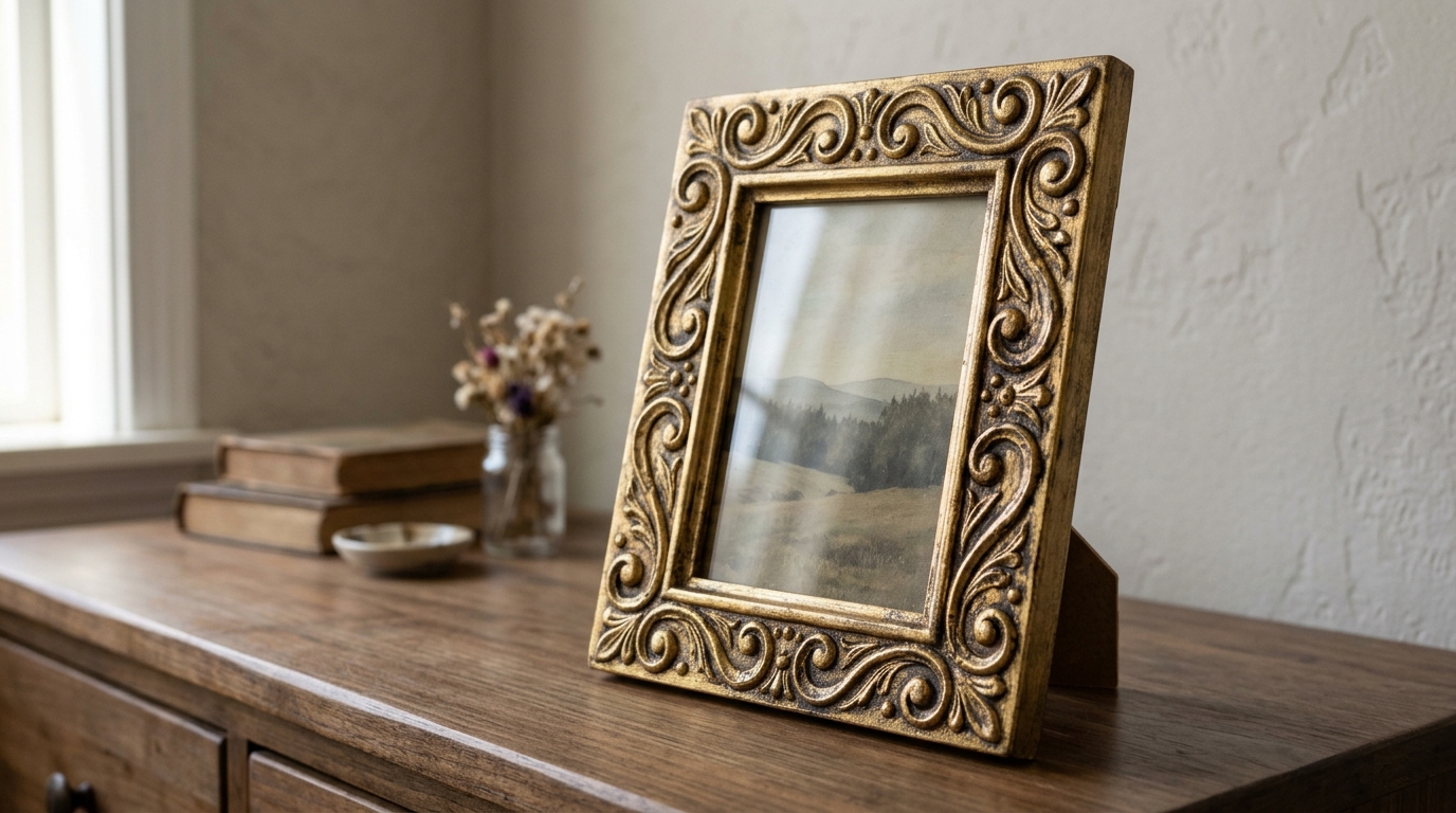 Hot glue crafts: picture frame with raised swirls painted antique gold